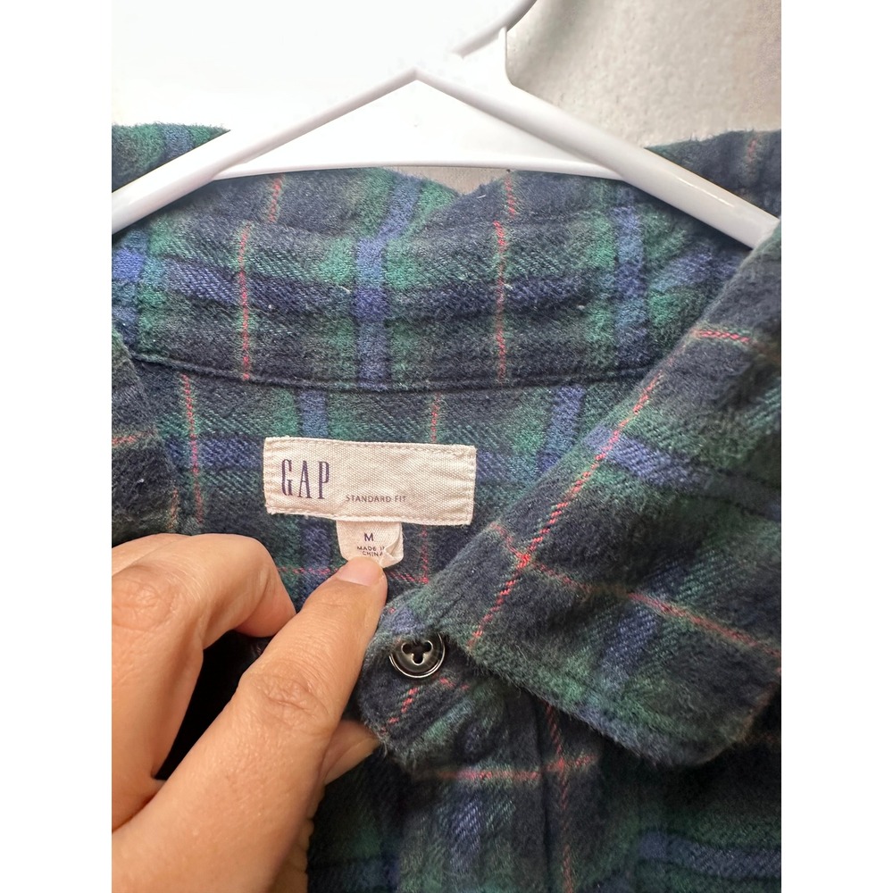 Gap Mens Flannel Plaid Button Down Shirt Navy Green Standard Fit Medium - Picture 6 of 10